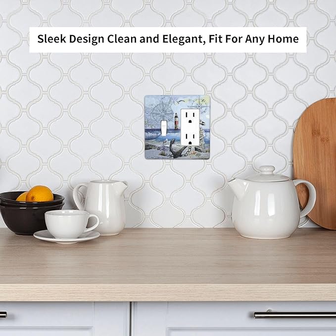 Light Switch Cover Sea Ocean Sand Coast Compass Ship Lighthouse Anchor 2 Gang Toggle Rocker Combo Wall Plates Decorative Switch Plates and Outlet Covers Receptacle Cover for Bathroom Decor