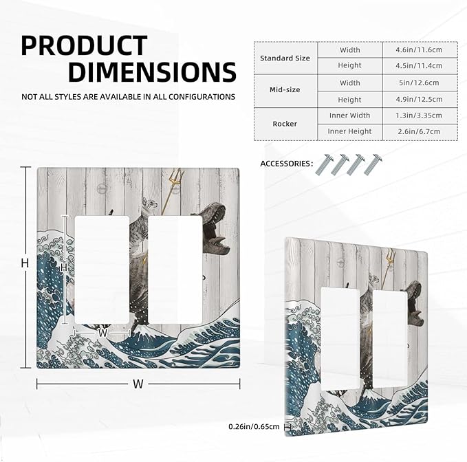 Outlet Covers Funny Cat Cool Cat Dinosaur Sea Wave Wood Double Rocker Light Switch Covers Decorative 2 Gang Receptacle Wall Plate Decora Gfci Electrical Device Switchplate for Farm Bathroom