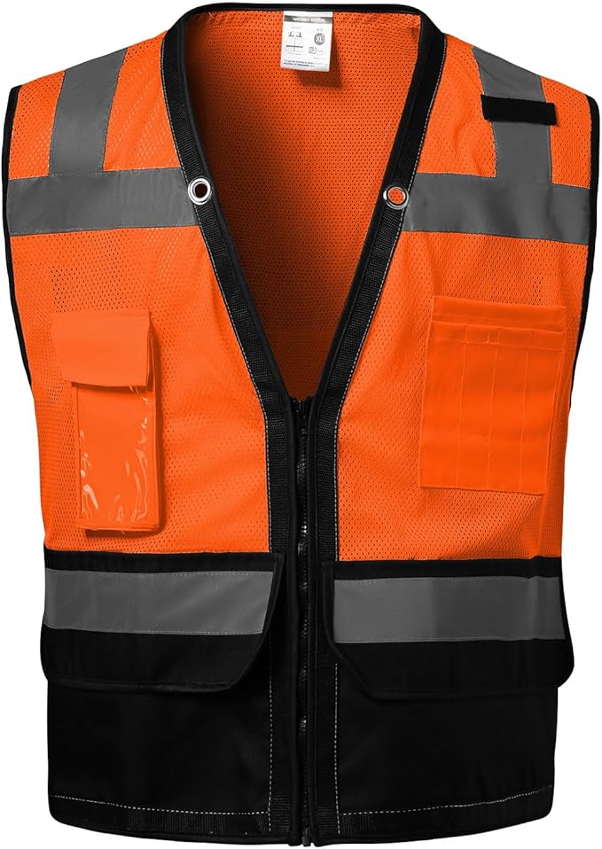 Reflective Safety vest With back plan pocket,High visibility Class 2 Heavy Duty Surveyor Vest with Zipper,Hi Vis Construction Work Vest for Men＆Women ANSI/ISEA(Orange-Bottom,XL)