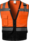 Reflective Safety vest With back plan pocket,High visibility Class 2 Heavy Duty Surveyor Vest with Zipper,Hi Vis Construction Work Vest for Men＆Women ANSI/ISEA(Orange-Bottom,3XL)