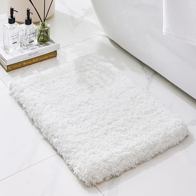 Bathroom Rugs, Ultra Thick Shaggy Soft Microfiber Absorbent Bath Rug, High Density Foam Latex Non Slip Backing, Machine Washable Bath Mats for Bathroom Floor & Sink 24x17, White