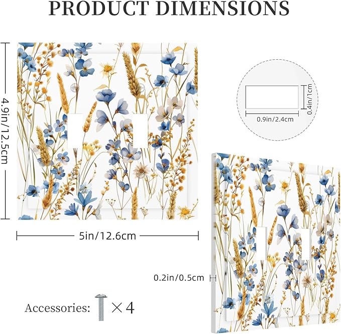 Vintage Wildflower Blue Gold Country Fall Wheat Floral Decorative Switch Plates 2 Gang Double Toggle Outlet Light Switch Cover Wall Plate Electrical Faceplate for Bedroom Living Room Decor