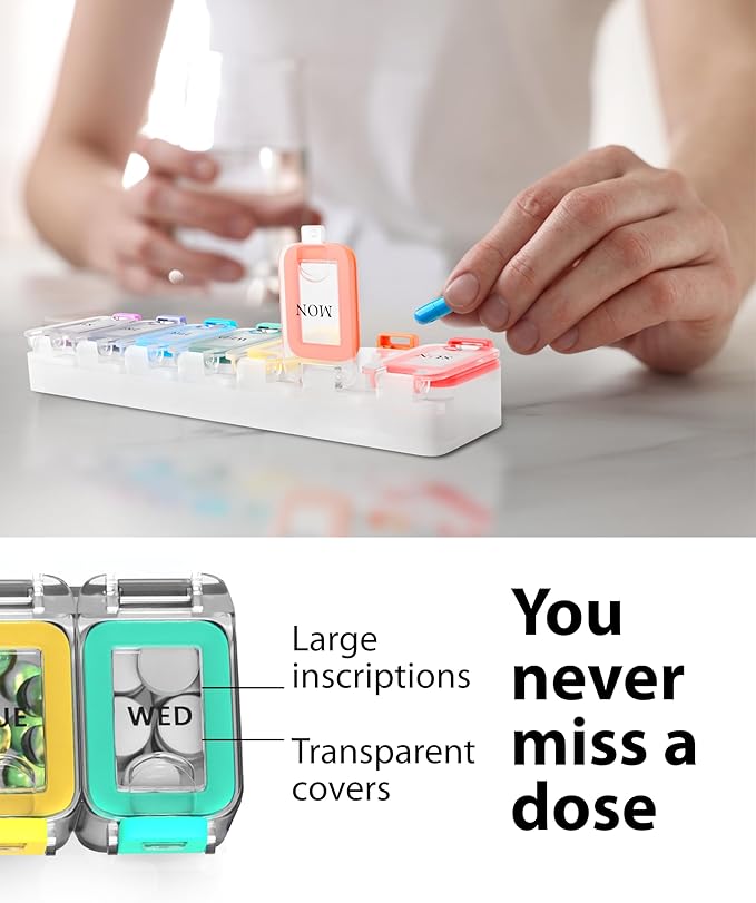 Weekly Pill Organizer 1 time a Day – Pill Box 7 Day with Enhanced Waterproof Seal, Large compartments Hold Big Vitamins & Supplements, Upgraded Locking lids, for Home & Travel use, Durable Hard case