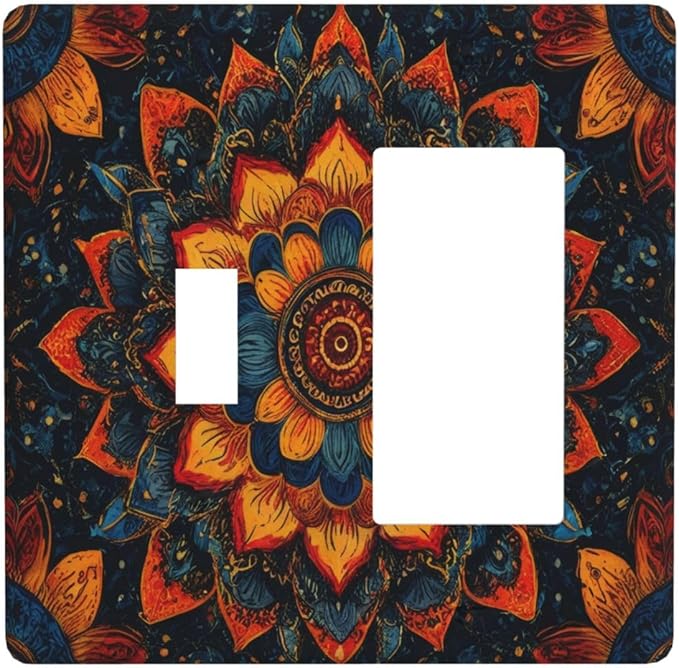 Colorful Oriental Floral Blooming Mandala Flower 2 Gang Combination Light Switch Covers Decorative Toggle Rocker/Decora Wall Plate Electrical Receptacle Switchplate Dimmer Faceplate Bathroom