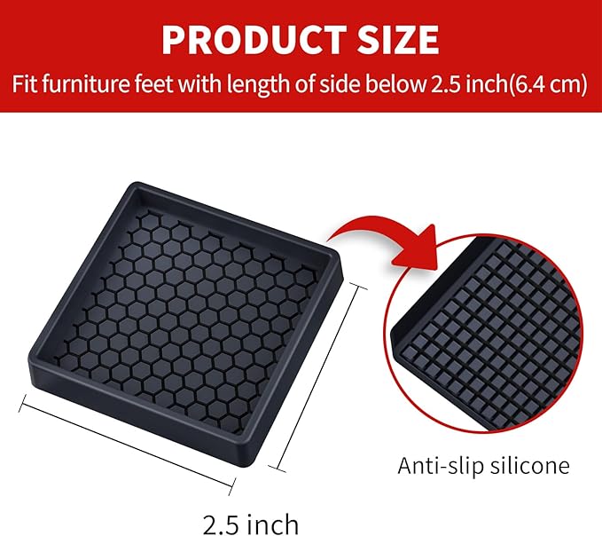 Ezprotekt Non Slip Furniture Pads, 8 Pcs 2.5" Anti Skid Rubber Furniture Caster Cups, Anti-Slip Furniture Coasters for Hardwood Floors, Anti Slide Floor Protectors for Bed Couch Stoppers (Black)