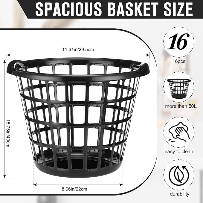 Uiifan 24 Pcs Black Lightweight Laundry Baskets Plastic Large Round Bushel Baskets Capacity Plastic Clothes Basket Space Saving Narrow Laundry Hampers