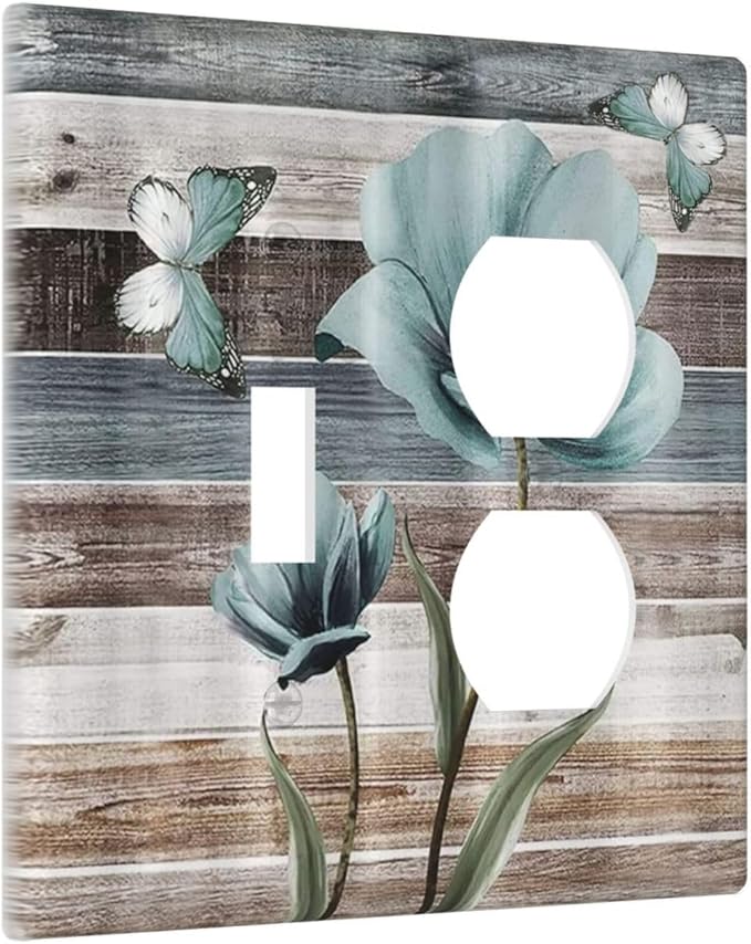 Teal Flora Flowers and Butterfly Wooden Style Decorative Light Switch Cover Plate 1 Toggle/1 Duplex Outlet Covers 2 Gang Combo Gfci Wall Plate Electrical Receptacle Switchplate Bathroom Decor