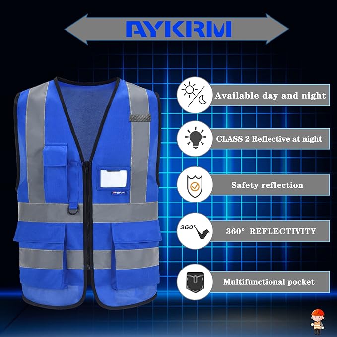 Big and Tall Blue Safety Vest 6xl 7xl 8xl Reflective Work Vest blue 7 Pockets,6XL-8XL