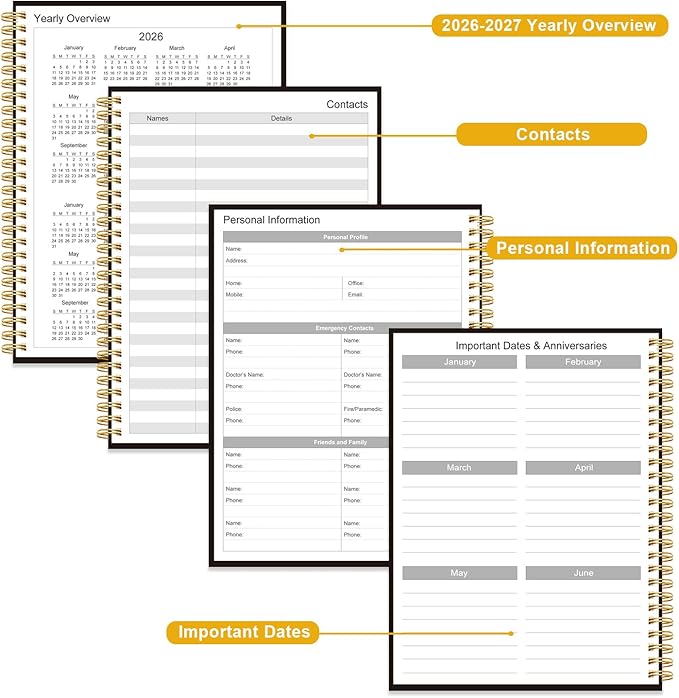 Daily Planner 2026 - Full Page Per Day, Jan 2026 to Dec 2026, 2026 Daily Planner with Spiral Bound, Inner Pocket, Perfect for School Office Supplies, 7'' x 10'', Black