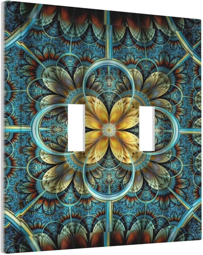 Light Switch Cover Boho Fractal Mandala 2 Gang Wall Plate Double Light Switch Plate Bohemia Toggle Decorative Outlet Covers Electrical Switchplate for Bathroom Bedroom Decor
