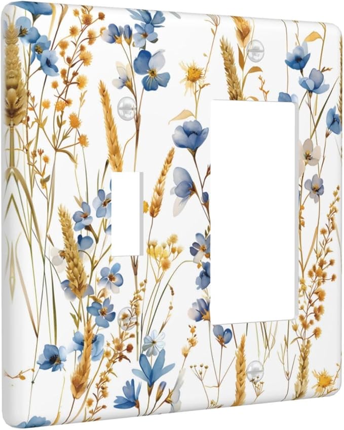 Vintage Wildflower Blue Gold Country Fall Wheat Floral Outlet Covers 1 Toggle 1 Rocker Combination Decorative Wall Plate Electrical Switch Plates Light Switch Cover Plate for Bedroom Living Room Decor