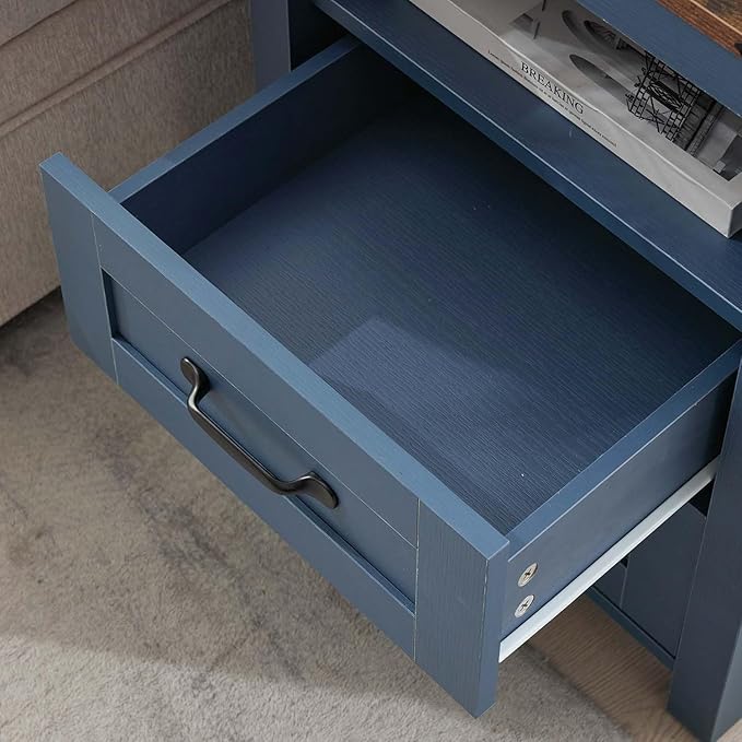 Blue Night Stand Set of 2, Rustic End Table with Charging Station, Farmhouse Tall Nightstand for Bedroom, Drawer Dresser Bedside Table with Open Storage Shelf