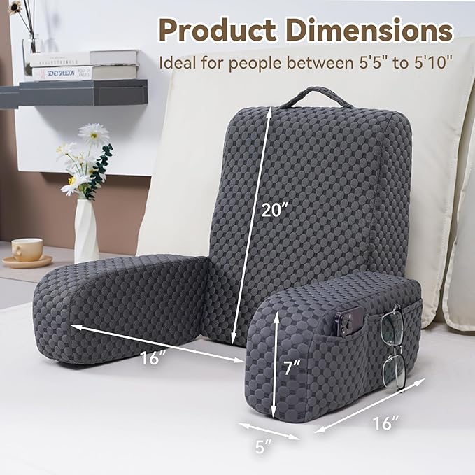 Bed Reading Pillow Back Support with Arms, Removable Pillowcase for Book Working Gaming Resting Watching TV, White/20in