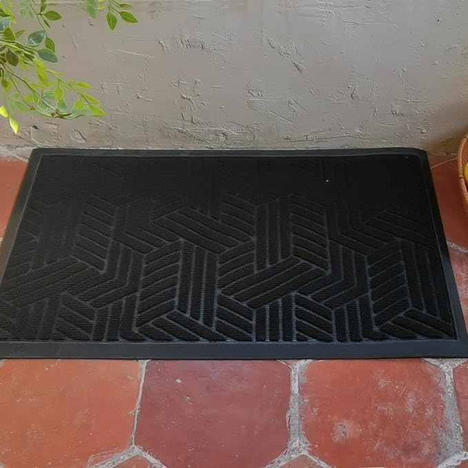 Front Door Mat 29.5"x17" Indoors Outdoors Welcome Mats, Waterproof Non-Slip Rubber Backing Heavy Duty Doormat Outside Entrance, Low Profile Entryway Rugs Floor Mat for Patio, Pattern B Black