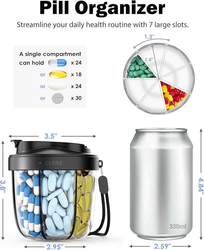 Cute Pill Organizer,Pill Dispenser with 7 Large Compartments,Portable Pill Bottle Box with Wide Opening for Easy Use, Anti-Mix Pills Organizer for Travel,Includes 20 Pcs Sticky Labels(Black)