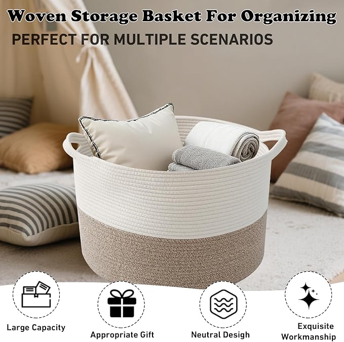 Large Storage Basket with Handle,19.7" L x 19.7" W x 13" H Blanket Basket Storage Bins for Organizing,65L Cotton Rope Woven Baskets for Living Room, Nursery ,Bedroom,White&Brown