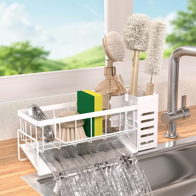 NET MEYA Kitchen Sink Caddy Organizer,Stainless Steel Sponge Holder with Dish Brush Holder,Soap Caddy for Countertop,Kitchen Sink Organizer Countertop Sink Accessories,Cleaning Caddy