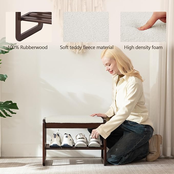 Small Shoe Rack Bench,2 Tier Wooden Entryway Bench with Shoe Storage, Shoe Rack with Cushion for Living Room, Hallway(CreamWhite, 21.6")