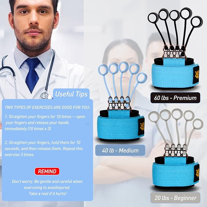 Finger Strengthener, Grip Strength Trainer, Gripster Finger Exerciser, Hand Grip Strengthener for Finger Strength & Therapy, 3 Resistance Levels (Grey 20LB, Blue 40LB, Black 60LB)