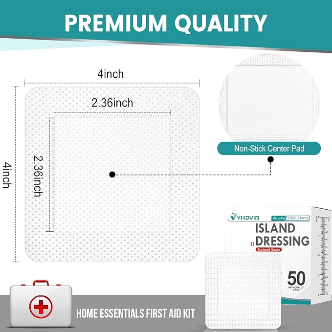 50 Count Island Dressing Bordered Gauze 4" x 4", Gauze Pads Individually Wrapped, Non-Stick Pad in Center with Adhesive Border, Bandages for Wounds, First Aid