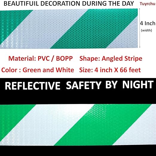 Reflective Tape Green and White 4 inch X 66 feet, Outdoor Waterproof Hazard Conspicuity Warning Industrial Marking Tape