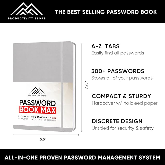 PRODUCTIVITY STORE Best Password Book With Alphabetical Tabs | Password Book, Organizer & Notebook | Password Keeper To Keep Website Logins & Passwords Safe | Black | Medium 5x8