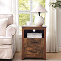 Brown Rustic Night Stand, Farmhouse End Table, Modern Bedside Table with 2 Storage Drawers and Open Shelf, Tall Nightstand for Bedroom