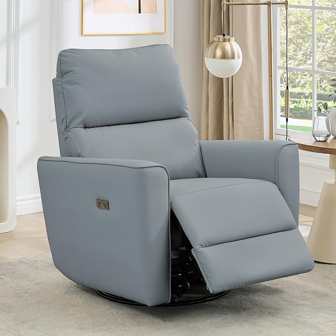 Power Recliner Chair Swivel Glider Faux Leather Upholstered Nursery Rocker Reclining Sofa Chair with Charging Port, Curved Armrests & Padded Backrest for Living Room and Bedroom (Power Gray)
