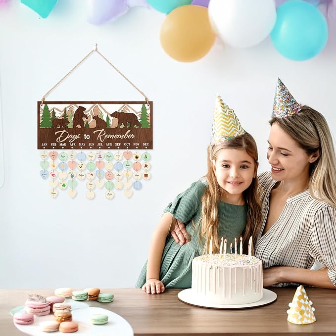 CHDITB 3D Days to Remember Birthday Calendar Wall Hanging(16”x7”), Woodland Bear Nursery Themed Family Birthday Reminder Tracker with Tags, Wooden DIY Gifts for Mother Grandma Friends Family