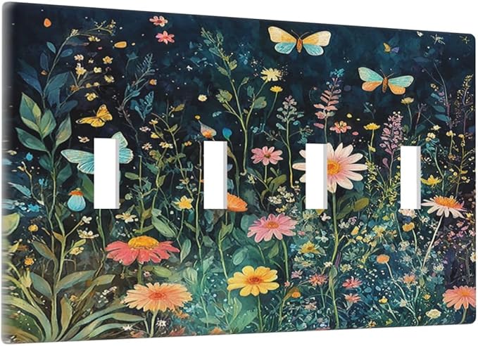 Light Switch Covers Boho Vintage Floral Flower Butterfly Quad Toggle Electrical Faceplate 4 Gang Wall Plate Decorative Switch Plates for Bedroom Home Decor