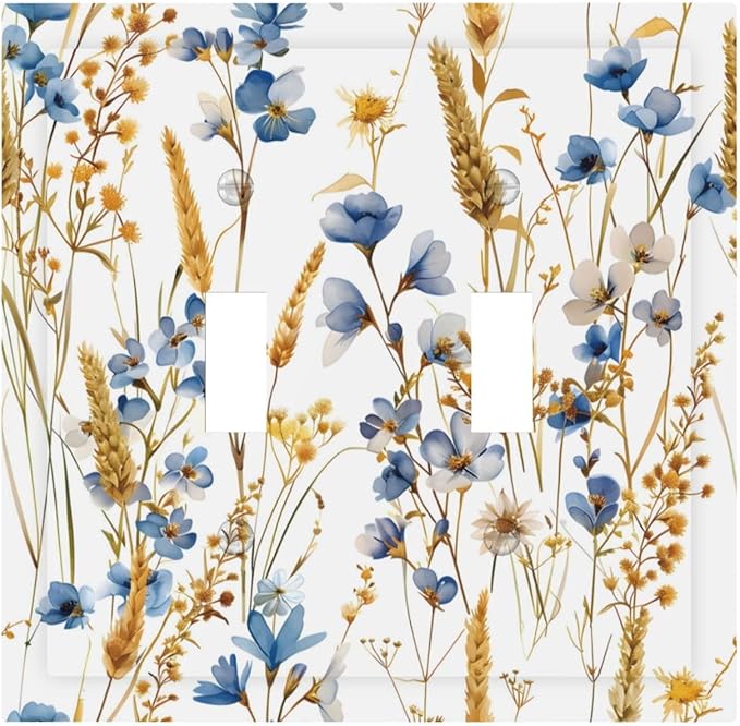 Vintage Wildflower Blue Gold Country Fall Wheat Floral Decorative Switch Plates 2 Gang Double Toggle Outlet Light Switch Cover Wall Plate Electrical Faceplate for Bedroom Living Room Decor