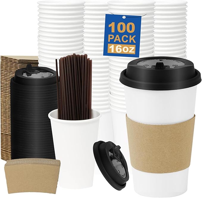 16 oz 100 Pack Coffee Cups with Lids and Sleeves, Straws, Hot Disposable To Go Travel Paper Cups Bulk for Office, Home Coffee Bar Accessories, Chocolate, Cocoa, Beverage (White)