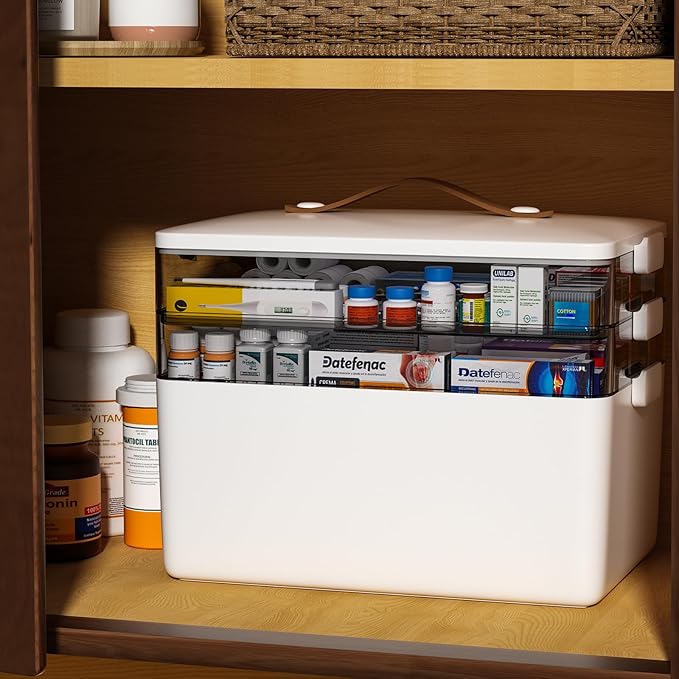 JOYBOS 3-Tier Medicine Storage Box Cabinet, Empty First Aid Kit Portable Medical Supply Organizer with Leather Handle for Home 3-Tier Medicine Storage Box