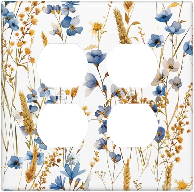 Vintage Wildflower Blue Gold Country Fall Wheat Floral Outlet Covers 2 Gang Double Duplex Decorative Light Switch Covers Electrical Wallplates Socket Faceplate for Bedroom Living Room Decor