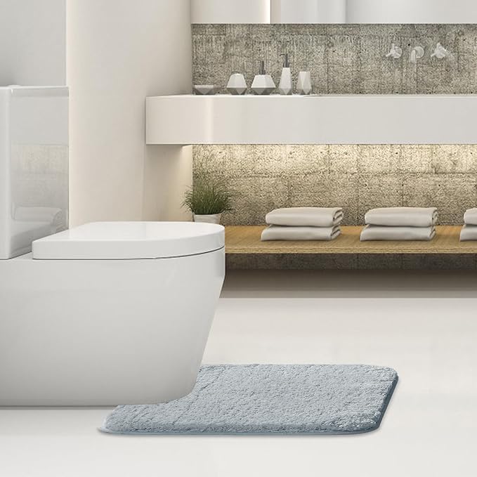 Suchtale Bathroom Contour Rug Non Slip Bath Mat Water Absorbent Soft Microfiber Shaggy Bathroom Mat Machine Washable Bath Rug for Bathroom Thick Plush U Shape Toilet Rug (20 x 24, Light Blue)