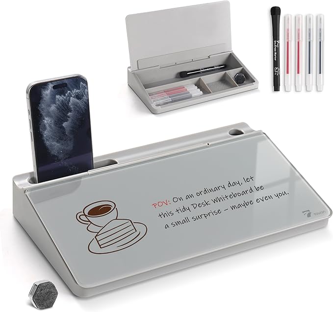 TOWON Small Compact Glass Desktop Whiteboard with Storage – 12 x 7 in Dry Erase Board for Desk, Home Office, School | Includes 5 Markers, Eraser & Holder | Space-Saving Organizer, Aesthetic Gray