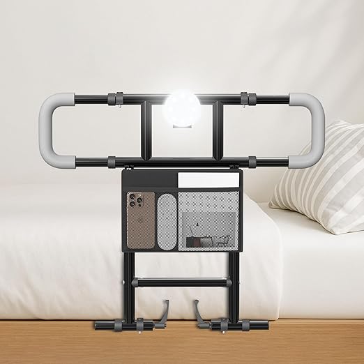 Seeutek Bed Rails for Elderly Adults Safety, Foldable Bed Assist Rails for Seniors, Adjustable Bed Side Rails with Safety Strap & Storage Pocket & LED Light, Fit Queen Twin King Beds