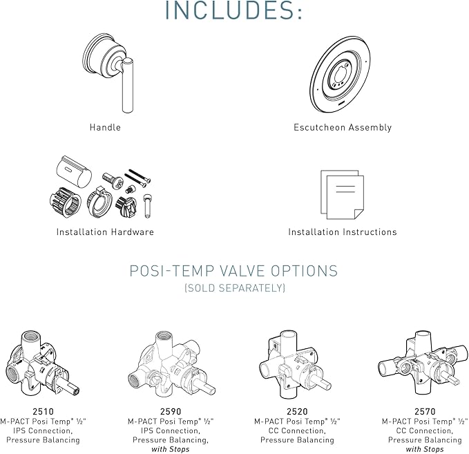 Moen Gibson Chrome Posi-Temp Pressure-Balancing Modern Valve Handle Only Trim, Valve Required, T2901