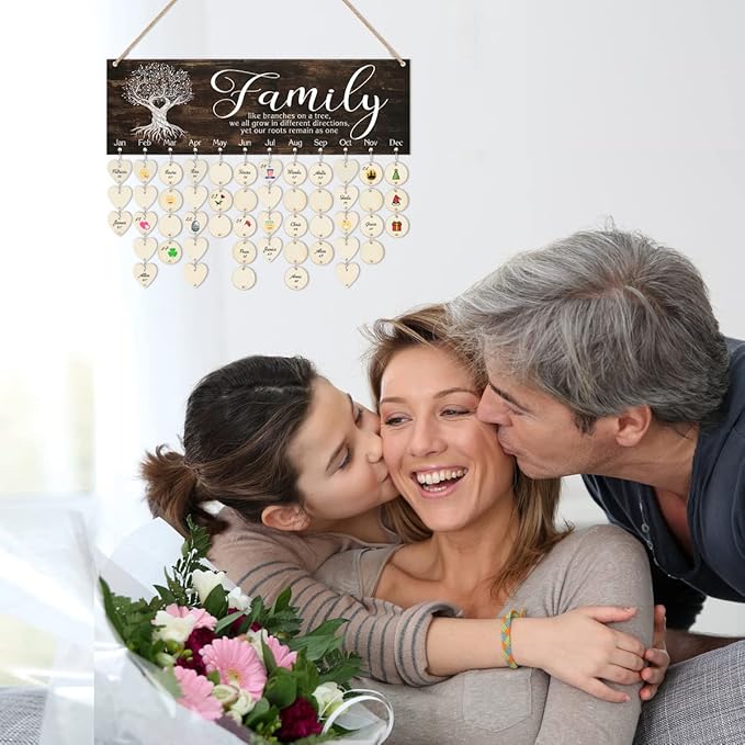 CHDITB Family Birthday Reminder Calendar Board(16”x5), DIY Birthday Gifts for Mother’s Day Valentine's Day, Wooden Family Friends Birthday Tracker Wall Hanging with 100 Heart/Circle Tags (Brown)