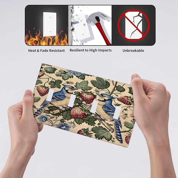 Light Switch Covers Vintage Floral Bird Strawberry Thief William Morris Quad Toggle Electrical Faceplate 4 Gang Wall Plate Decorative Switch Plates for Bedroom Home Decor