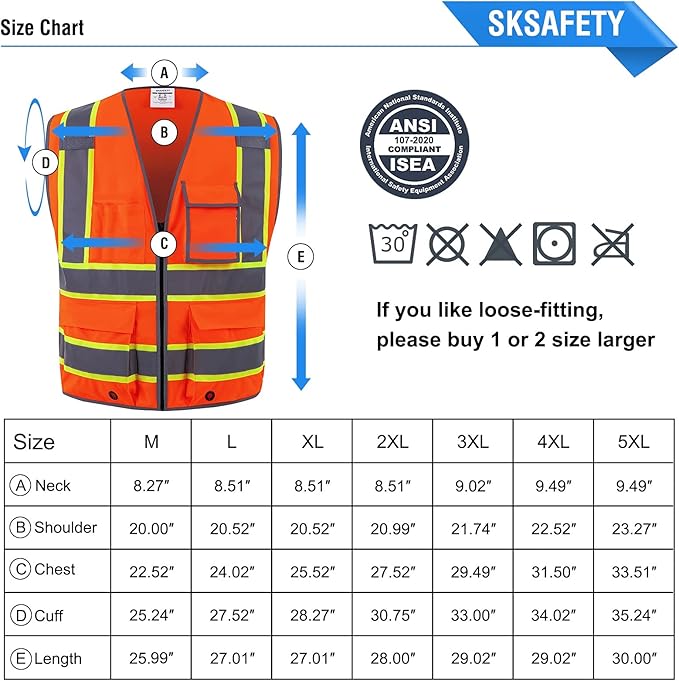 SKSAFETY 10 Pockets Safety Vest, Class 2 High Visibility Security with Zipper, Hi Vis Vest with Reflective Strips, ANSI/ISEA Standard, Construction Work Vest for Men ＆ Women （Orange, M）