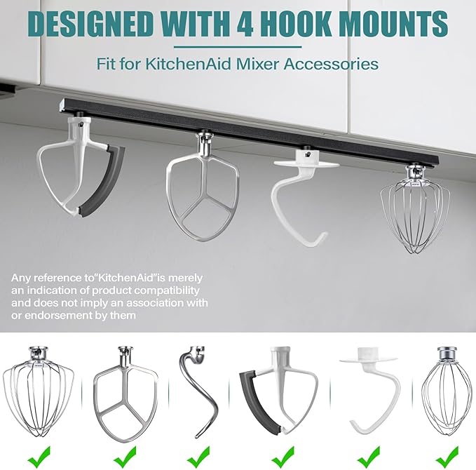 Metal Stand Mixer Attachment Holders Adjustable, Compatible with Kitchen Aid 4.5-6QT Mixers Accessories, Organize 4 Mixer Attachments for Kitchen Storage Organization Space Saver (Black)