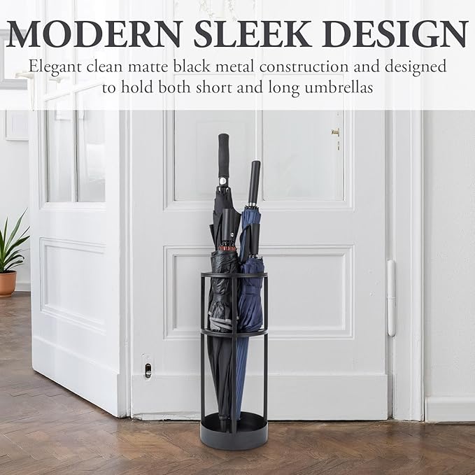 MyGift 20 Inch Tall Modern Round Matte Black Metal Freestanding Entryway Umbrella Rack or Cane Holder with Shelf for Small Umbrellas and Bottom Drip Catch