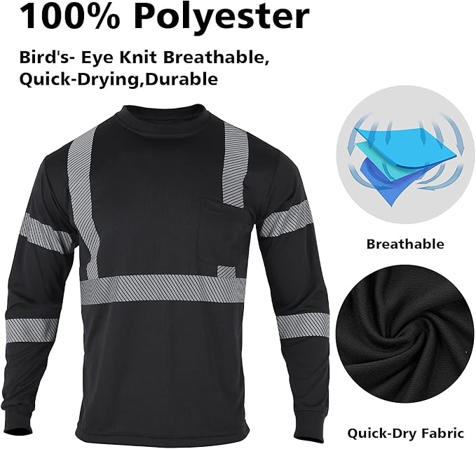 VENDACE 3pcs Safety T Shirts Reflective High Visibility Hi Vis Long Sleeve Construction Work Shirts for Men Class 3