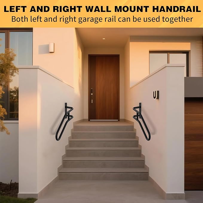 Right Side Wall Mounted handrail, Garge Door Stair Railing for 1-3 Steps(Polished Black, Right Side, 230LBs Loading)