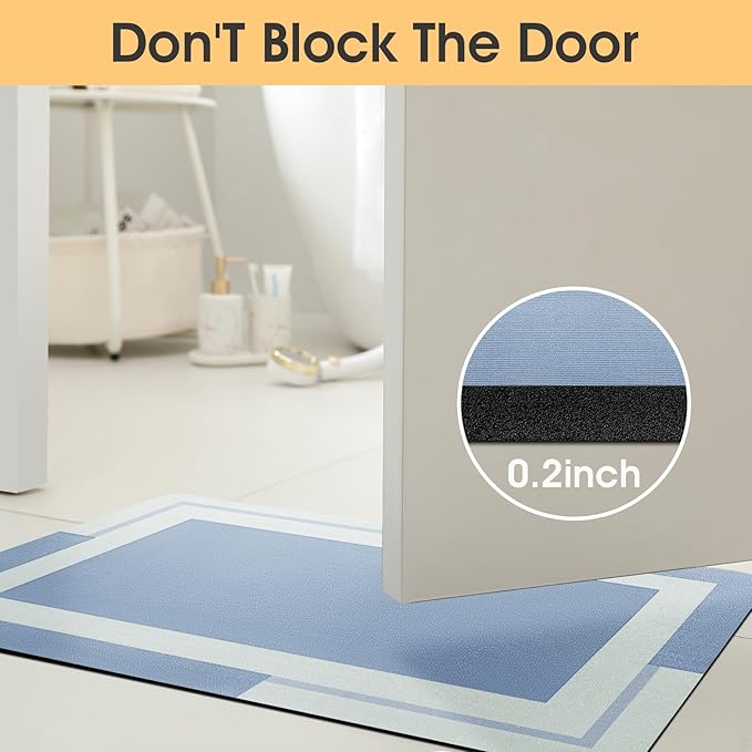Ultra Thin Bath Mat, Upgrade Backing Non Slip Thin Bath Mats Fit Under Door, Quick Dry Ultra Absorbent Bathroom Rugs, Machine Washable Bath Rugs for Bathroom, Bathtub & Kitchen, Blue/Bordered/24"x17"