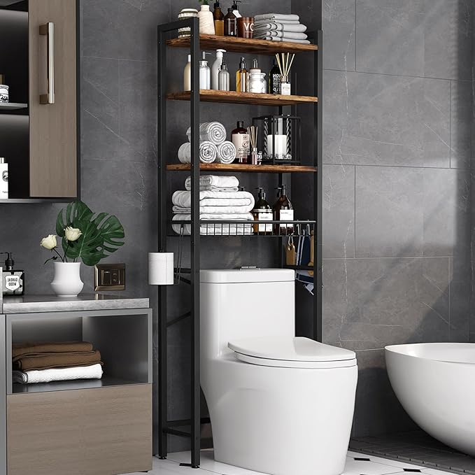Over-The-Toilet Storage Rack, 4-Tier Bathroom Organizer Shelf Over Toilet with Adjustable Shelf and Basket, Freestanding Space Saver Bathroom Shelves Above Toilet for Room (Vintage Brown)