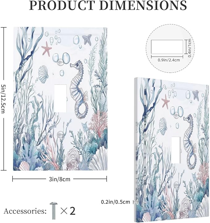 Decorative Light Switch Cover Ocean Coral Seahorse Seashell Starfish 1 Gang Single Toggle Device Electrical Faceplate Switchplates Decorator Outlet Wall Plate For Bathroom Home Decor