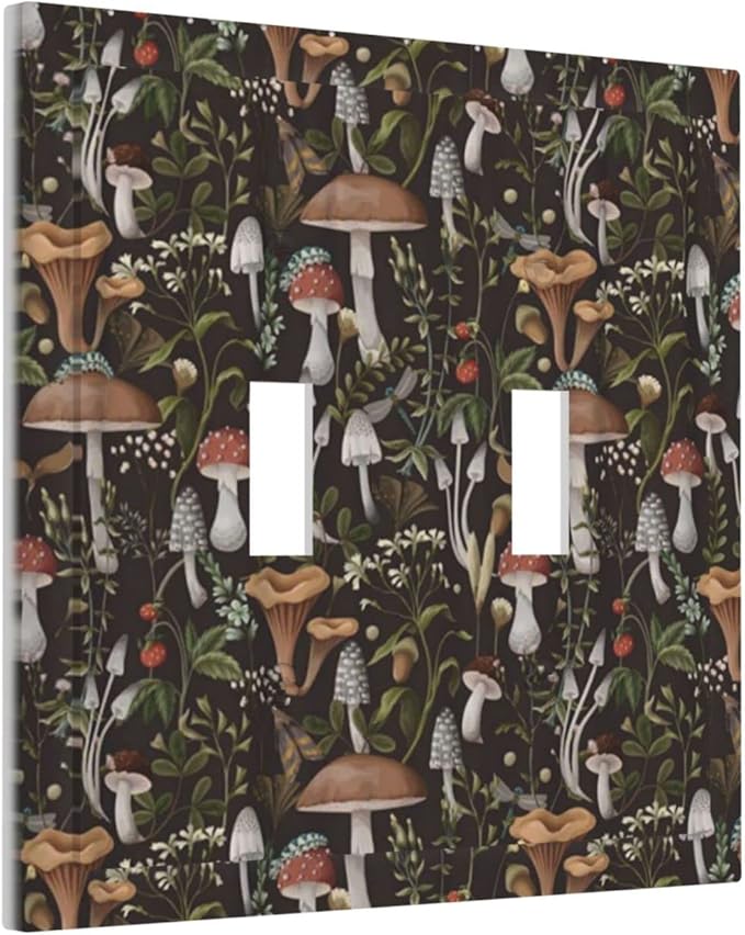 Funky Retro Vintage 70s 60s Boho Hippie Mushroom Double Toggle Light Switch Cover Plate Decorative 2-Gang Wall Plate Bohemian Floral Leaf Dual Device Electrical Switchplate Faceplate for Bathroom