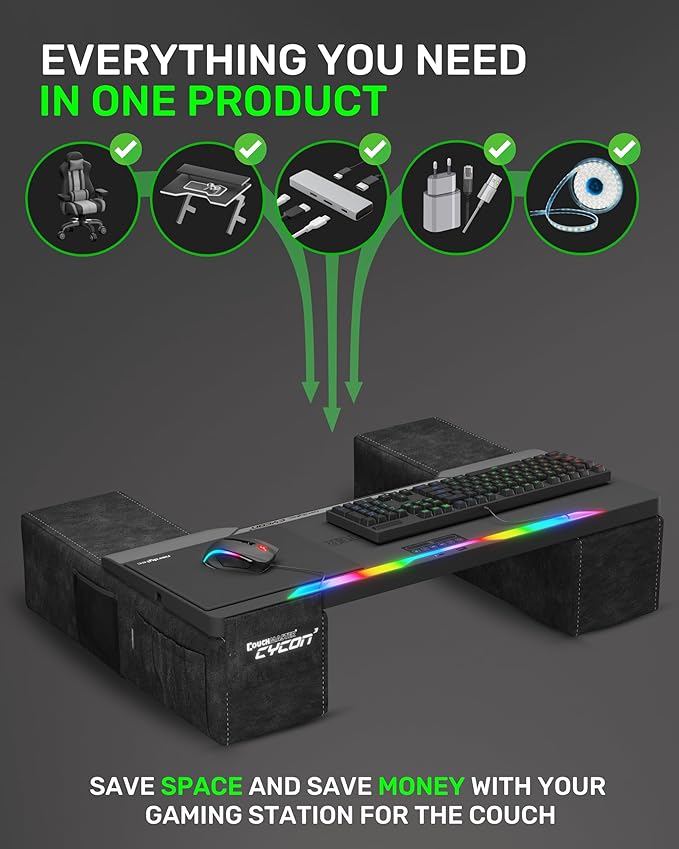 Couchmaster CYCON³ HORIZONLIGHT Bar, Ultimate Ergonomic USB-Hub Gaming Lap Desk for Couch and Bed, Large, Stable and Compatible with All Keyboards and Mouse/Mice, Laptops, PCs, PS4/5, Xbox